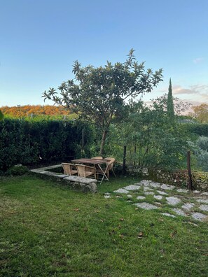 A garden with a table and chairs, surrounded by greenery and a stone wall. - Barn with stone vaults between Verona and Garda (Negrar di Valpolicella)