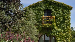 Una casa con camino de grava, un ventanal grande y un muro de piedra.