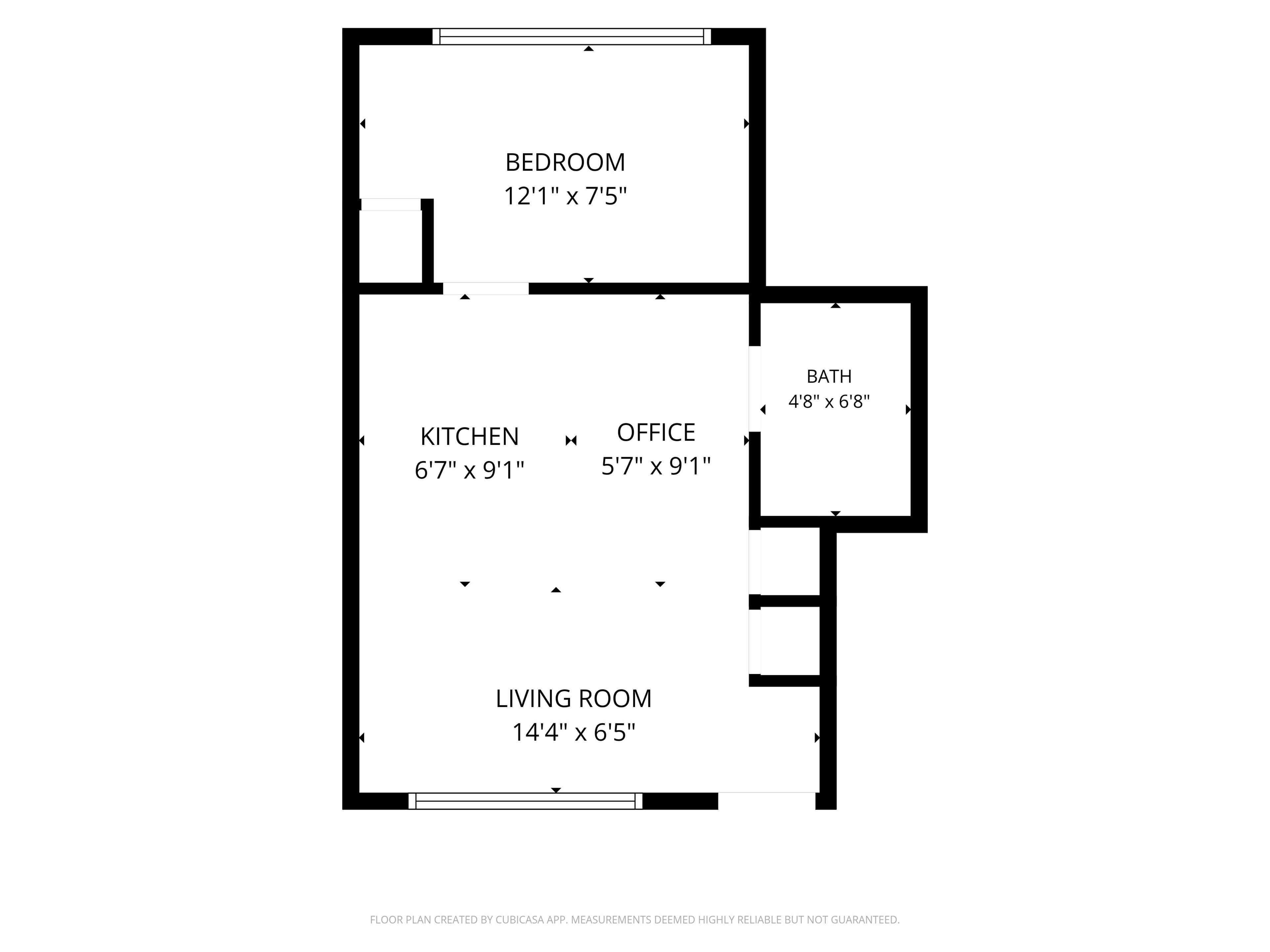 A floor plan with a bedroom, kitchen, office, living room, and bathroom.