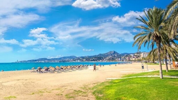 A beach with clear skies, palm trees, and a distant mountain range. - CASA DE PUEBLO en el CENTRO de Roses, al lado de la playa con TERRAZA (Roses)
