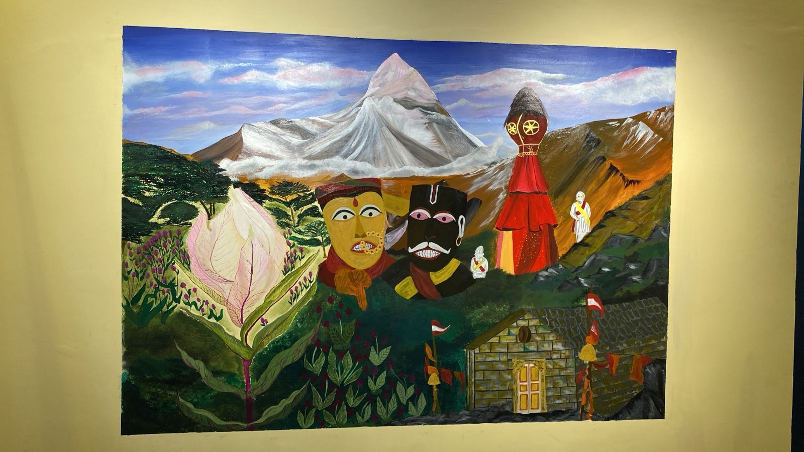 A painting with a mountain, a house, and figures in traditional attire.