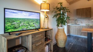 Ein Fernseher auf einem Holzboden, eine Lampe, eine große Vase und ein Küchenbereich.