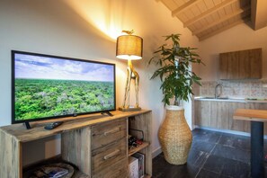 Ein Fernseher auf einem Holzboden, eine Lampe, eine große Vase und ein Küchenbereich.