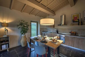 Eine moderne Küche mit Essbereich, inklusive großem Tisch, Stühlen, einer Pendelleuchte und einem Blumentopf.