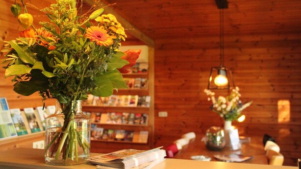 Un interior de madera con una estantería, una mesa con un florero y una lámpara colgante.