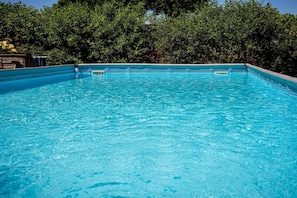 A clear blue swimming pool surrounded by dense green foliage.