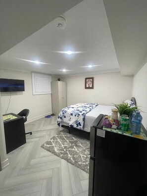 Una camera da letto con un letto, una scrivania, una sedia, una TV, una luce a soffitto, un quadro incorniciato e una piccola pianta.