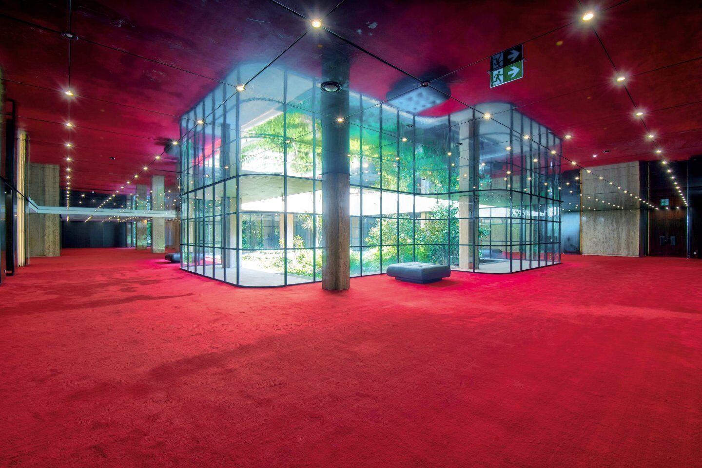 Een modern interieur met glazen elementen, een rood tapijt en plafondverlichting.