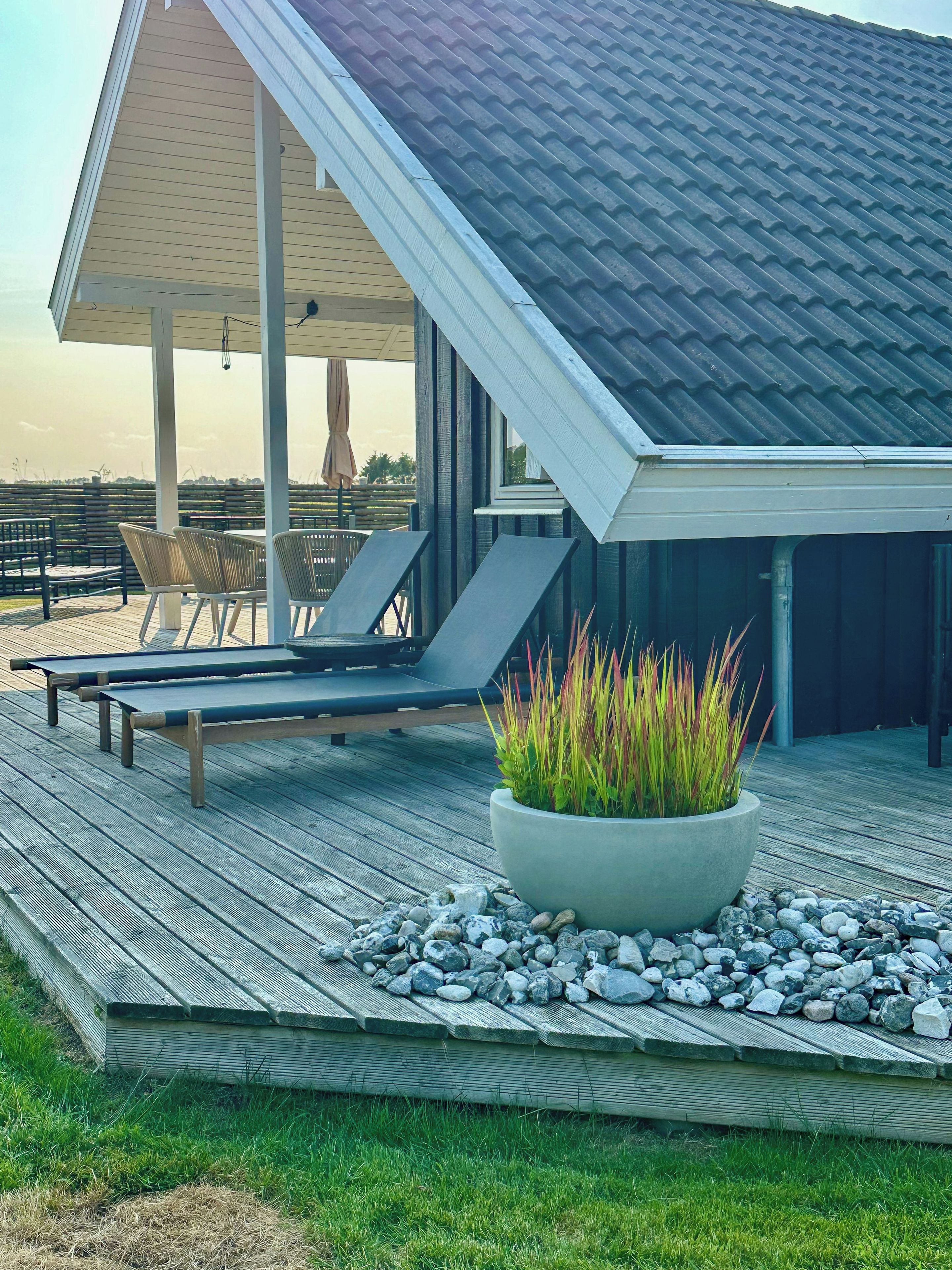 Een modern terras buiten met lounge stoelen, een potplant en een pad van stenen.