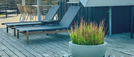 A modern outdoor deck with lounge chairs, a potted plant, and a stone pathway.