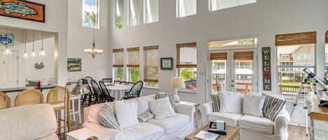 TV, fireplace, books