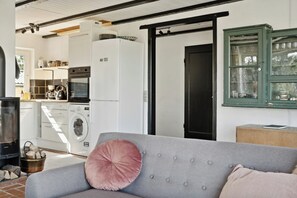 A modern kitchen with appliances, a grey sofa with a pink pillow, and a wooden cabinet.