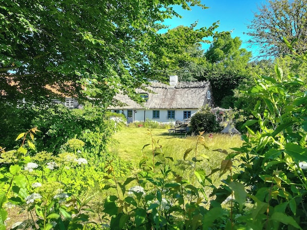 A thatched-roof house surrounded by lush greenery and a well-maintained lawn.
