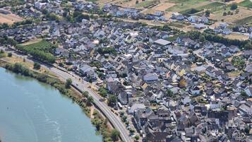 Een stad aan de rivier met een kronkelende weg, huizen en wijngaarden.
