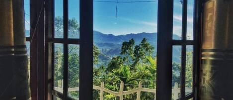An open door with a view of a mountainous landscape and greenery.