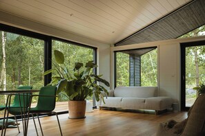 Ein modernes Interieur mit Holzboden, einem grünen Sessel, einer Couch und einer großen Topfpflanze.