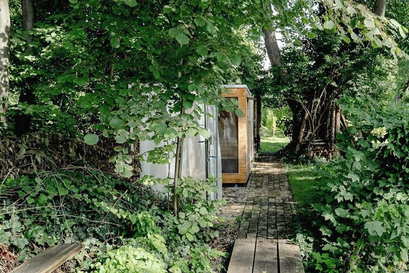 Un sentier en bois mène à une petite construction en bois, qui est elle-même entourée d’un feuillage verdoyant et dense.