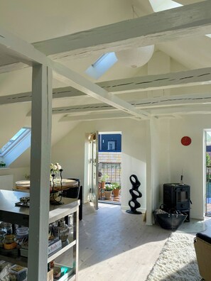 A spacious room with a skylight, a black stove, and a view of a balcony with potted plants. - Penthouse with private garden (København)