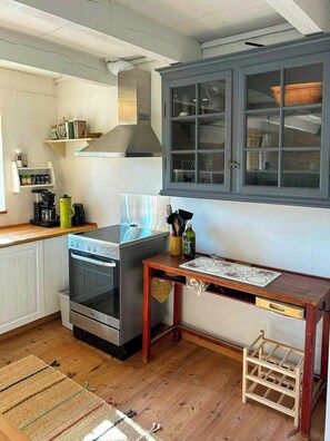 A compact kitchen with a stove, oven, and a window with a shelf above. - Family house with large terrace near Skødshoved (Knebel)