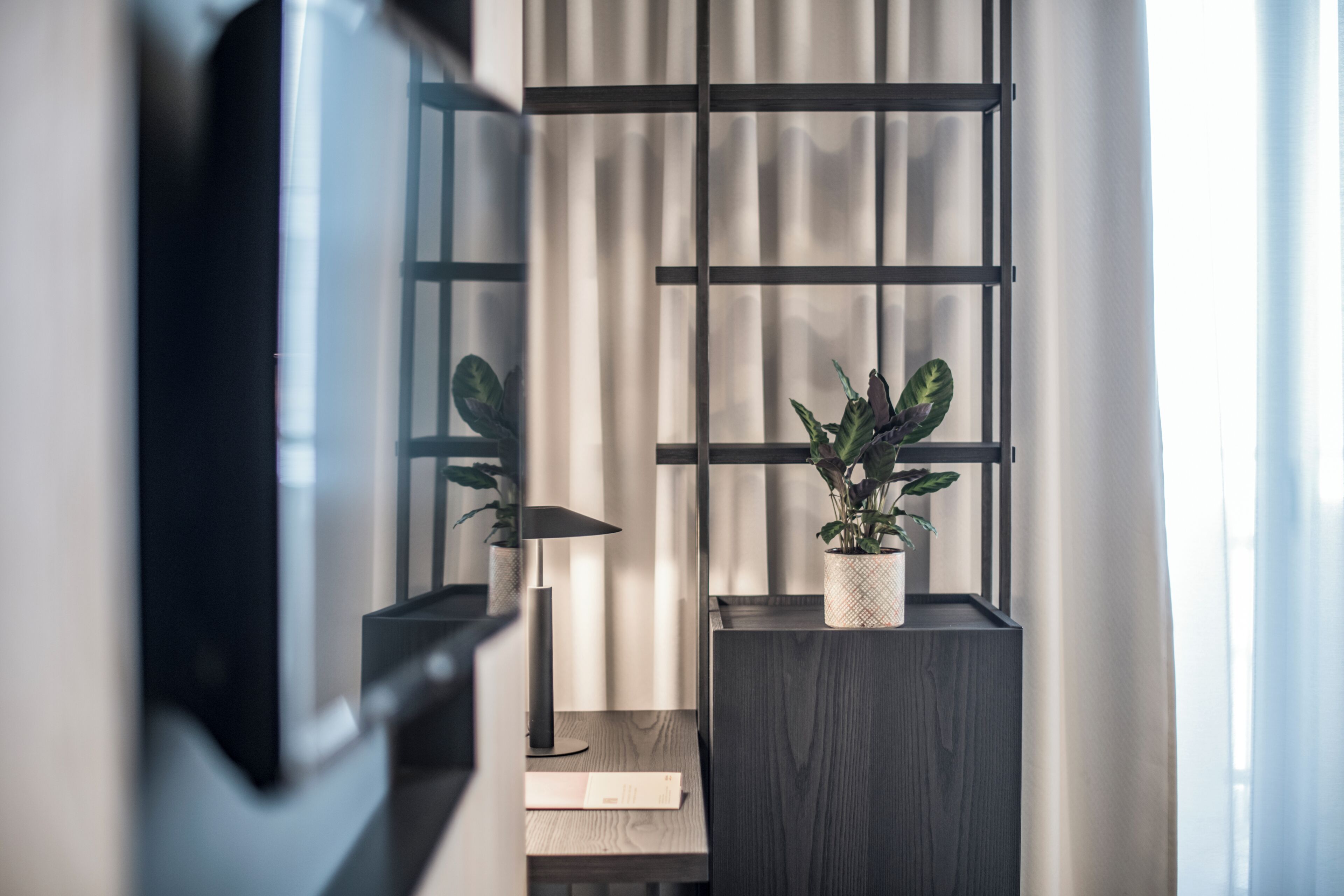 A modern room with a wooden desk, a standing lamp, and a potted plant.