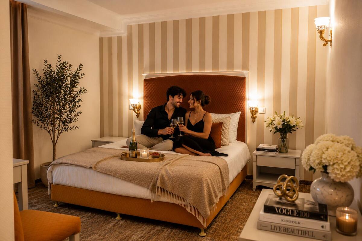 Una habitación de hotel con una cama grande, una mesita de noche con lámpara, una pequeña mesa con un jarrón de flores y una silla.