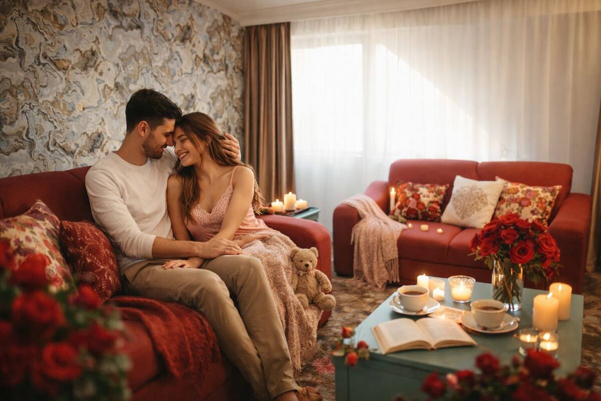 Una pareja sentada en un sofá rojo en una habitación con pared de mármol, un sillón rojo y una mesa con velas y flores.