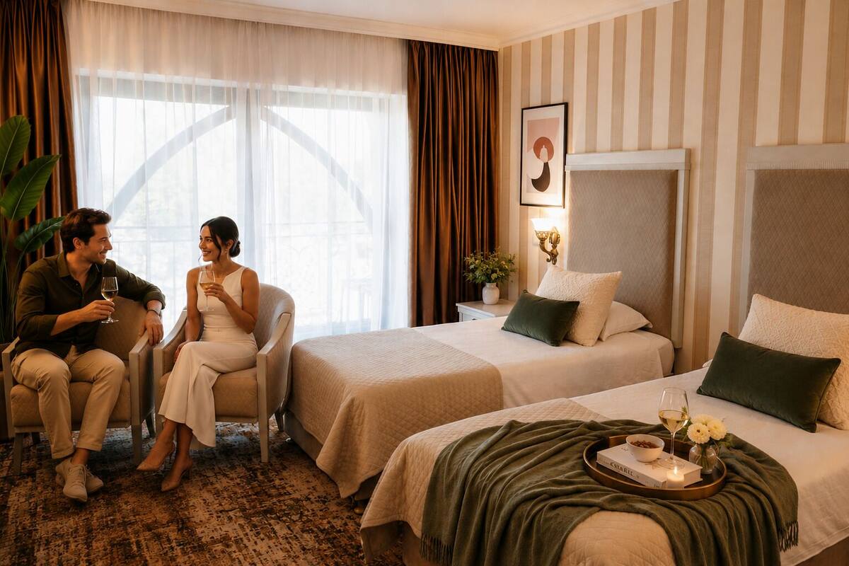 Una habitación de hotel con dos camas, un rincón de estar con un sofá, una mesa de comedor con una bandeja y un ventanal con cortinas.