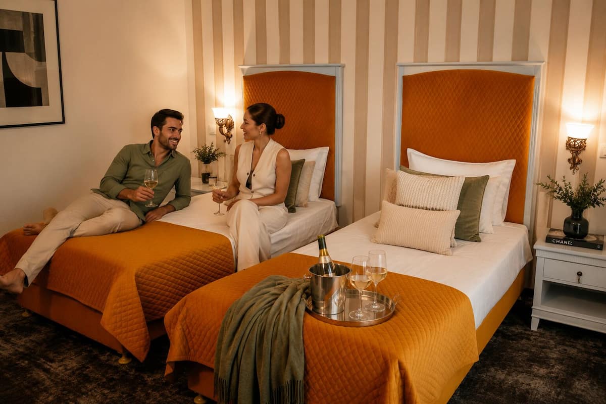 Habitación de hotel con dos camas, un minibar y una mesita de noche con lámpara y un libro.