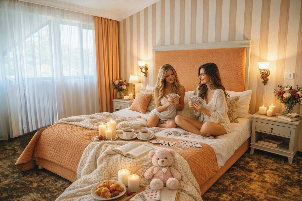 Una habitación de hotel con cama, mesitas de noche, velas y un osito de peluche.
