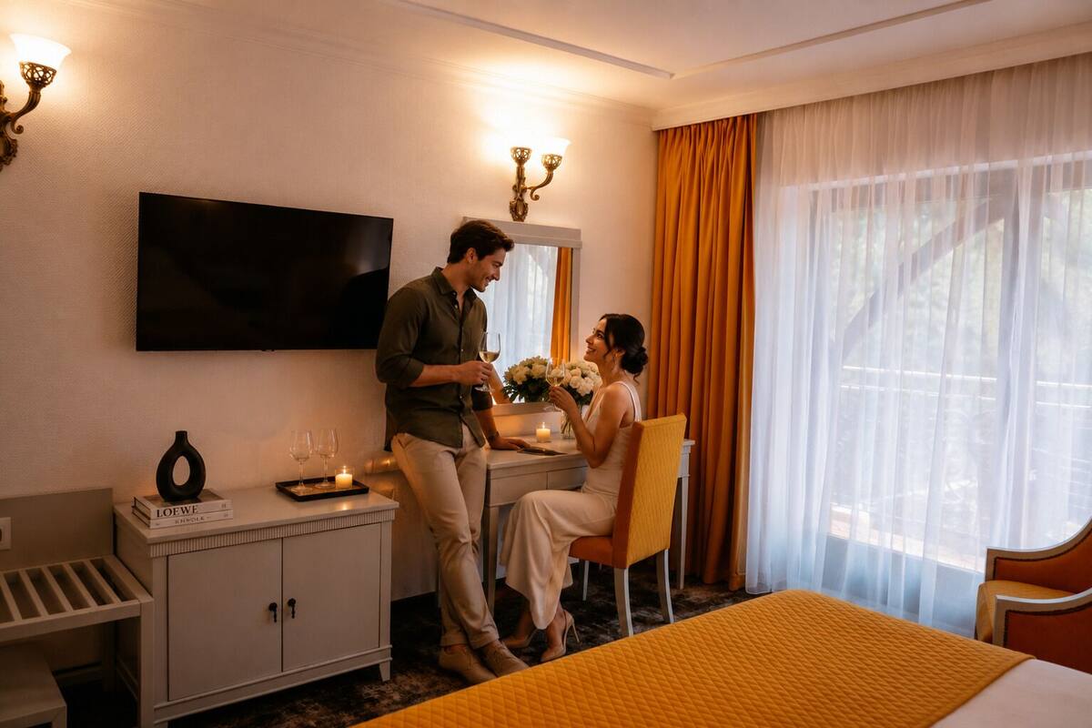 Una habitación de hotel con cama, escritorio, televisor, espejo y ventana con cortinas.