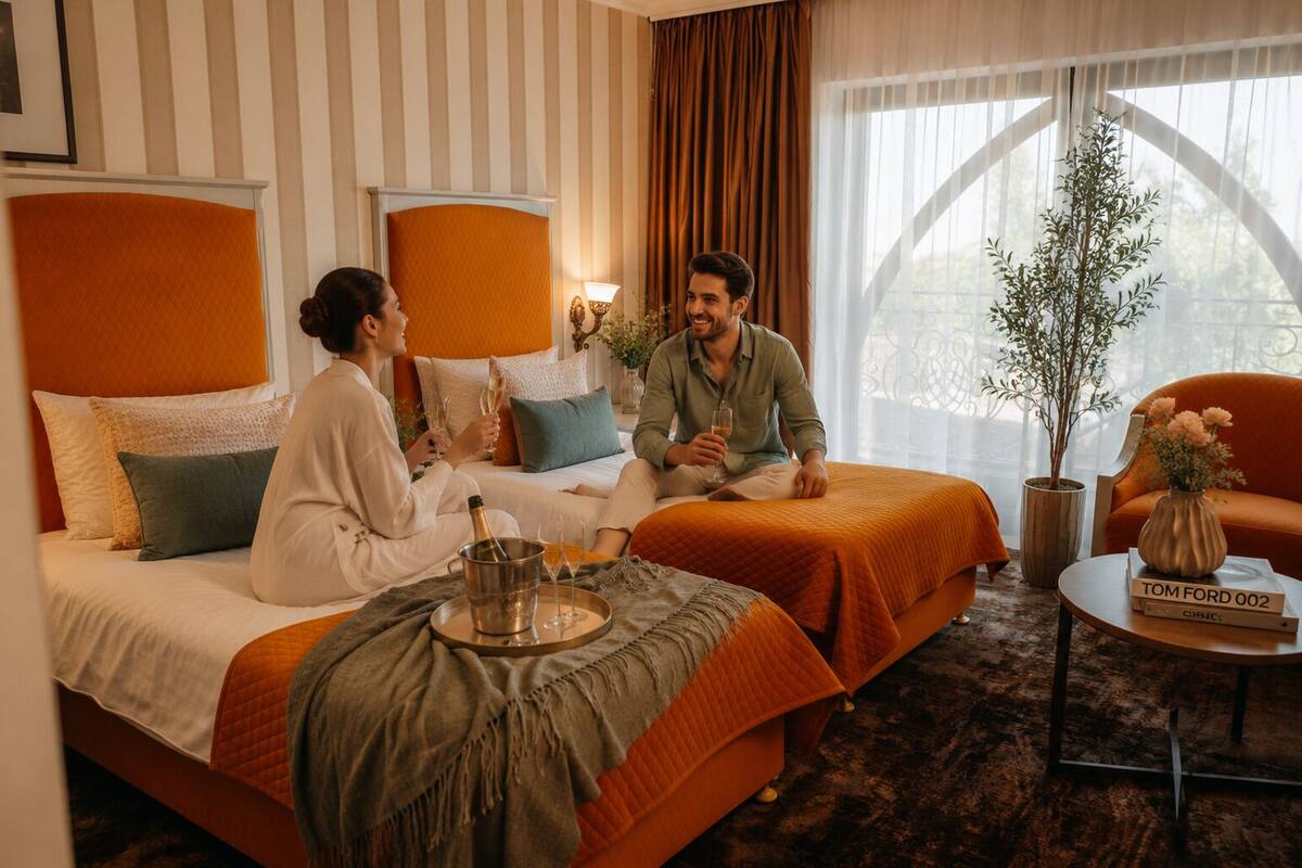 Habitación de hotel con dos camas, zona de estar, una planta en maceta y una bandeja con una botella y vasos.