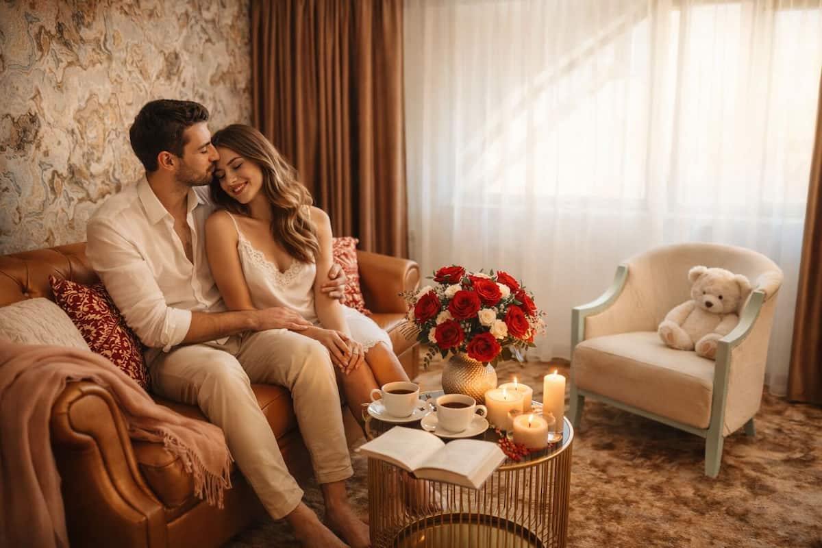 Una pareja sentada en un sofá en una habitación con un jarrón de flores, velas y un osito de peluche en una silla.