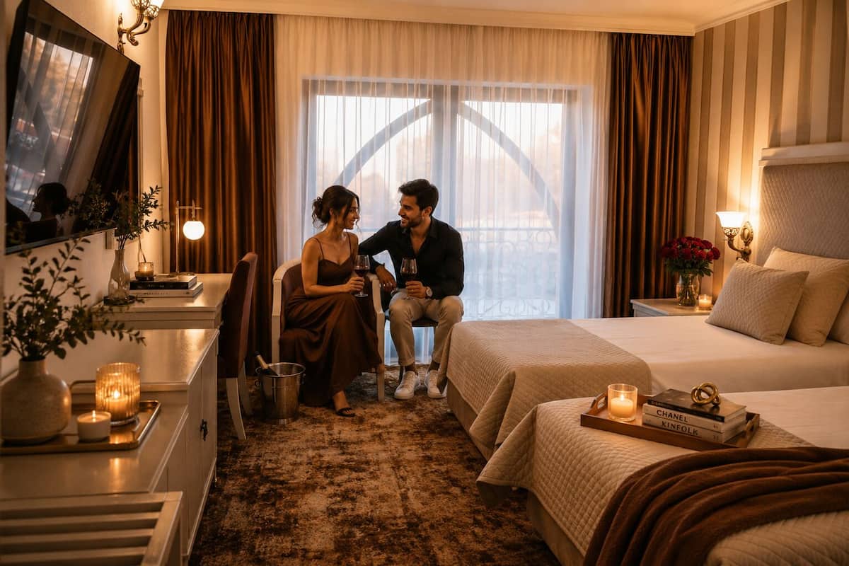 Habitación de hotel con una cama, una mesita de noche con lámpara, una silla, un escritorio con computadora y una ventana con cortinas.