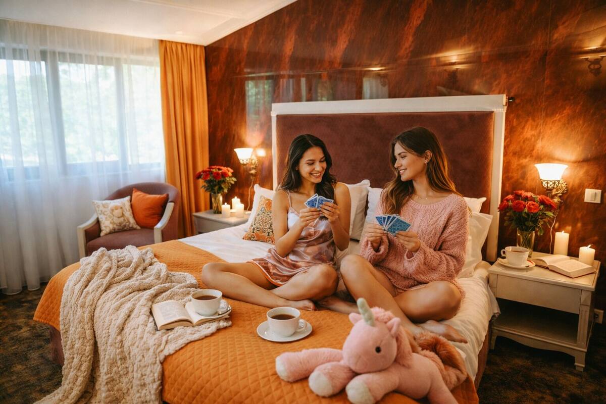 Una habitación de hotel con una cama, dos personas sentadas en ella, un peluche, un libro y una taza de café.