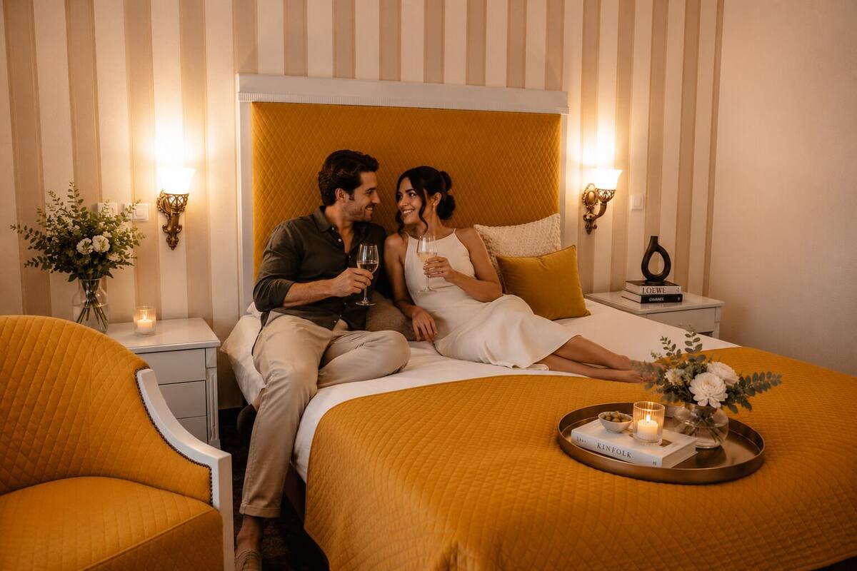 Una pareja sentada en una cama con cabecera, una mesita de noche con lámpara, y una bandeja con velas y flores.