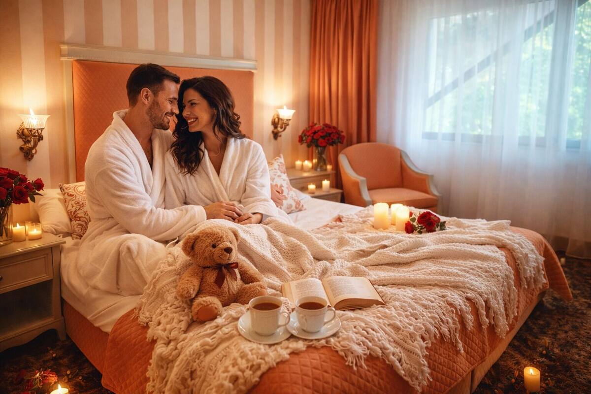 Una pareja en un dormitorio acogedor con una cama, un osito de peluche, una taza de café y un libro.