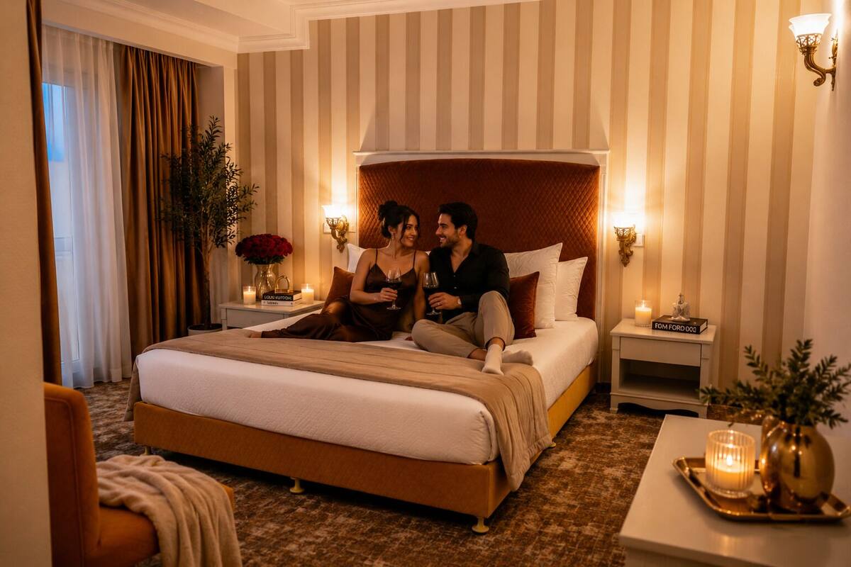 Una habitación de hotel con una cama grande, dos mesitas de noche, una lámpara de noche, una silla y un jarrón decorativo.