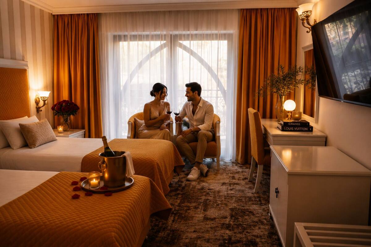 Habitación de hotel con dos camas, zona de estar, televisión y minibar.