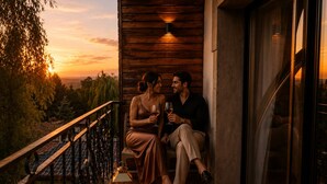 Una pareja sentada en un balcón, sosteniendo copas de vino y disfrutando de una vista al atardecer.