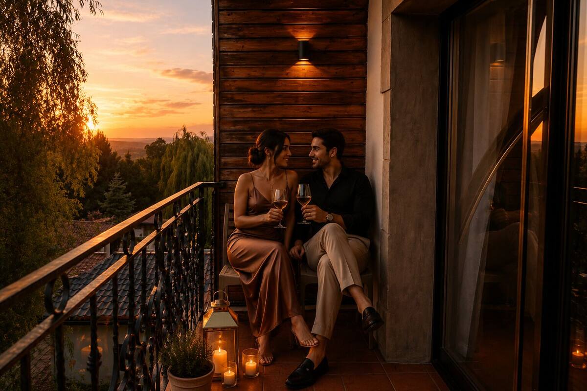 Una pareja sentada en un balcón, sosteniendo copas de vino y disfrutando de una vista al atardecer.