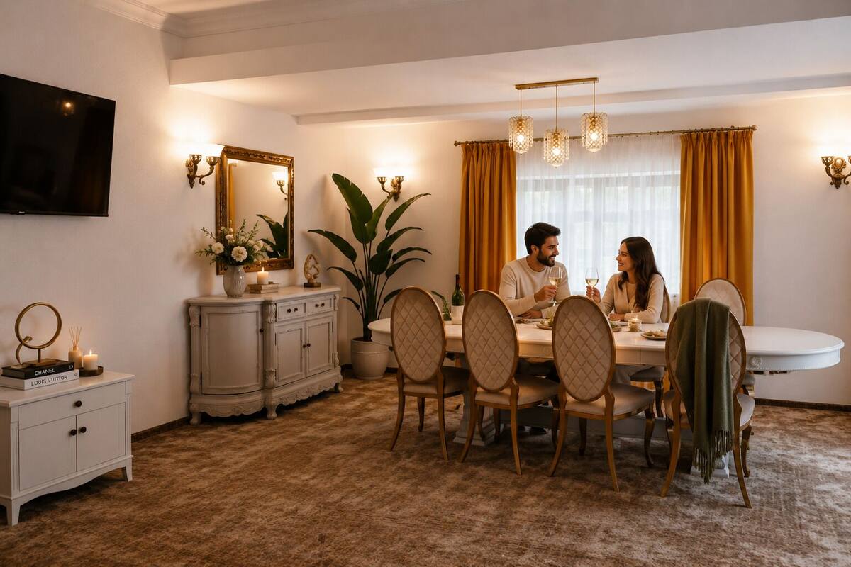 Un comedor con una mesa redonda, sillas, un armario blanco, un espejo y un televisor.
