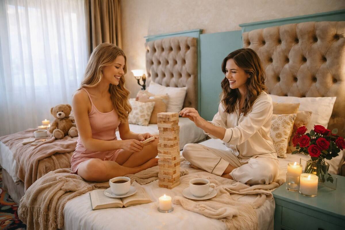 Dos personas jugando a Jenga sobre una cama, con un osito de peluche, una taza de café y una vela.