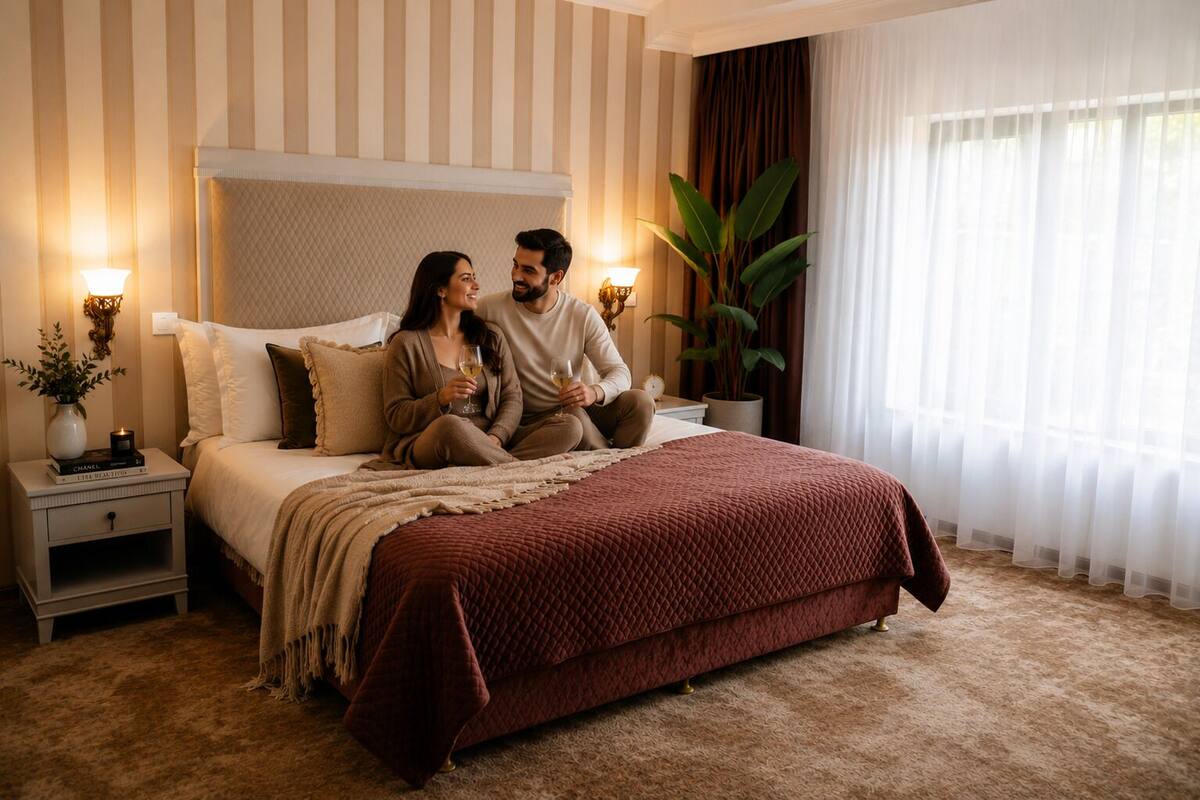 Un dormitorio con cama, mesitas de noche, una planta en maceta y una ventana con cortinas.