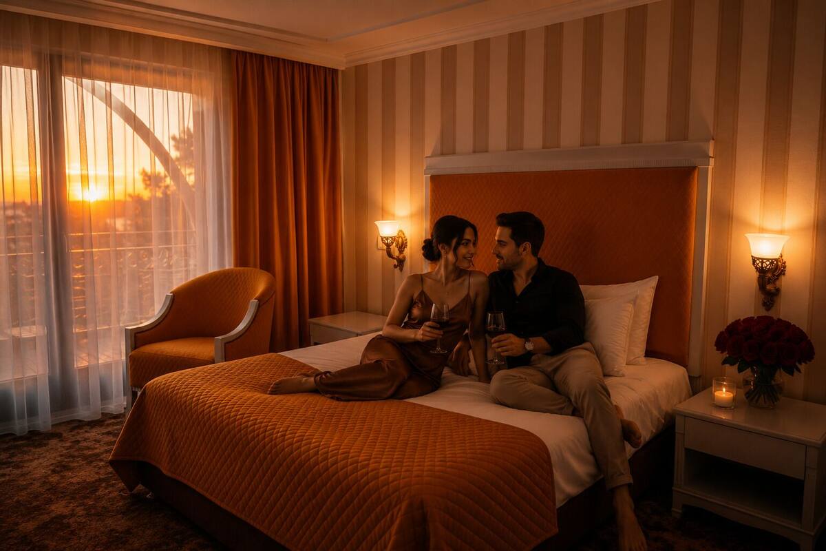Habitación de hotel con cama, una silla, una mesita de noche con vela y vistas a la puesta de sol a través de cortinas.