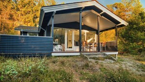 Une cabane moderne dotée d’un porche abrité, de grandes fenêtres et d’un chemin en pierre menant à l’entrée.