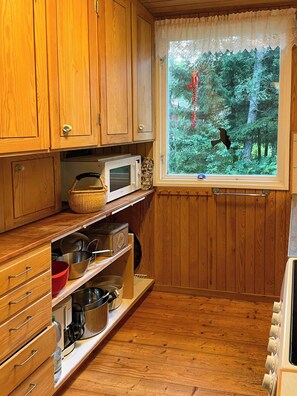 Une cuisine de taille réduite, dotée de meubles en bois, d’un four à micro-ondes et d’une fenêtre donnant sur une forêt.