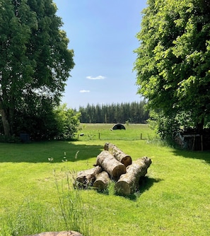A grassy field with a stack of logs, trees, and a distant forest.
