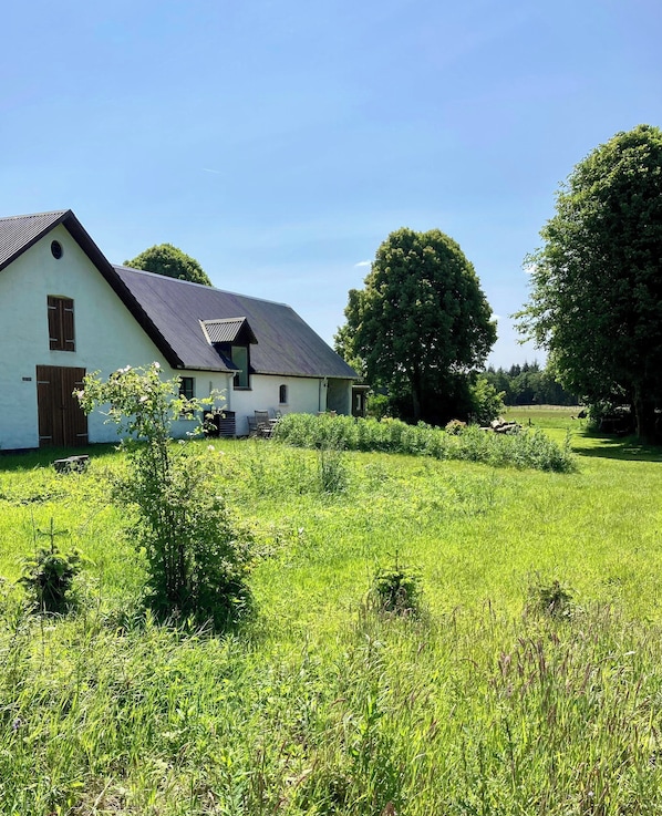 A white building with a sloped roof and a wooden door, surrounded by a grassy field and trees.