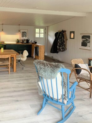 A spacious room with a dining table, chairs, a rocking chair, a kitchen area, and a coat rack.