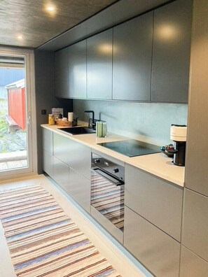Eine moderne Küche mit integriertem Backofen, Spüle und Fenster.